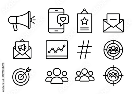 Marketing Icon Grid. Outline icon set of Marketing and promotion for side hustles: megaphone, social media