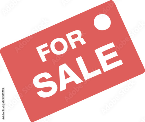Bright red for sale tag with white text and hole symbolizing commerce and business