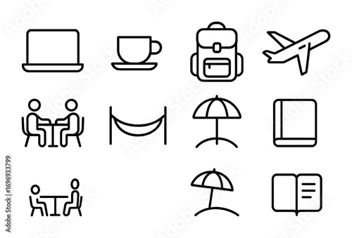 Work-from-Anywhere Icons. Outline icon set of Work-from-anywhere lifestyle: laptop, coffee cup, backpack,