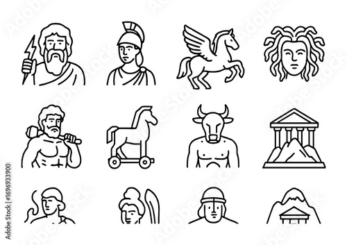 Mythology Icon Set. Outline icon set of Mythology in literature: Zeus, Athena, Pegasus, Medusa, Hercules,