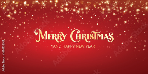 Merry Christmas lettering with golden glitter lights and sparkles on red background. Festive holiday design for greeting cards, invitations, banners, posters, and winter celebration.