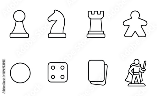Board Game Icons. Outline icon set of Board game pieces: pawn, knight, rook, meeple, token, die, card,