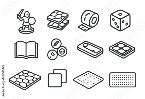 Tabletop Game Icons. Outline icon set of Miniature tabletop games: painted miniatures, terrain tiles, dice,