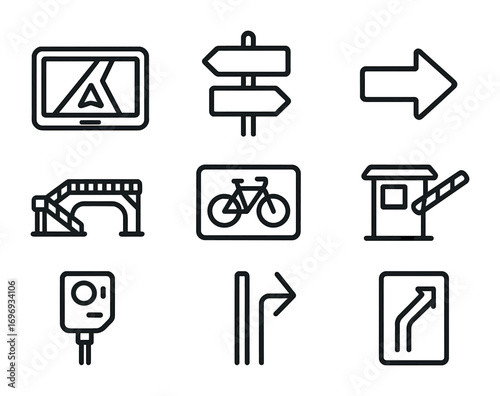 Urban Traffic Icons. Outline icon set of Urban traffic navigation: GPS device, street name sign, one-way arrow