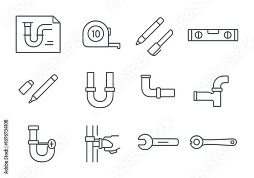 Plumbing Tools Icons. Outline icon set of Plumbing installation process: blueprint, measuring tape, level,