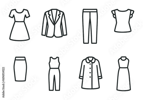 Clothing Style Icons. Outline icon set of Clothing styles and silhouettes: A-line dress, blazer, trousers,