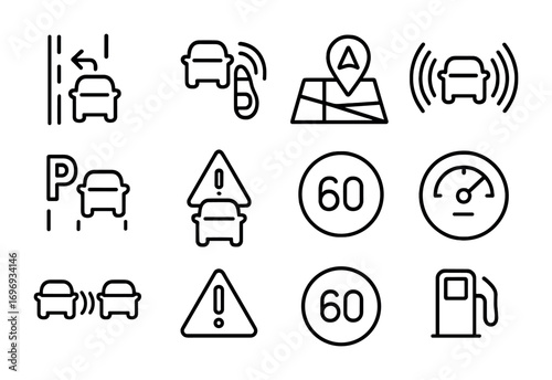 Driving Assistance Icons. Outline icon set of Driving assistance features: lane departure warning, blind spot