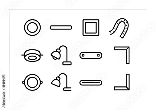 Light Fixture Icons. Outline icon set of Light fixtures design: round puck, slim linear bar, square panel,