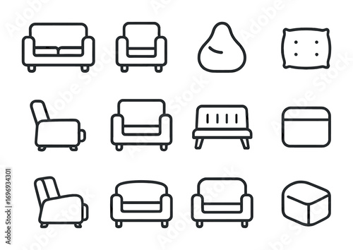 Movie Night Seating Icons. Outline icon set of Movie night seating: sofa, armchair, bean bag, floor cushion,