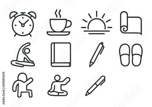Morning Routine Icons. Outline icon set of Early morning routine: alarm clock, coffee cup, sunrise, yoga mat,