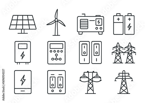 Hybrid Microgrid Icon Set. Outline icon set of Hybrid microgrids: solar panels, wind turbines, diesel
