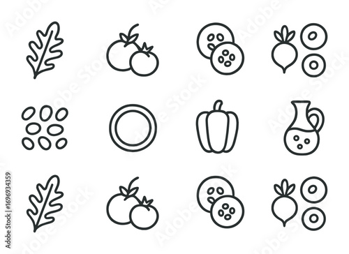 Summer Garden Salad Icons. Outline icon set of Summer garden salad: arugula, cherry tomatoes, cucumber,