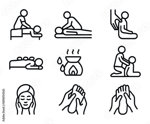 Massage Therapy Icons. Outline icon set of Therapeutic massages: Swedish massage, deep tissue, reflexology,