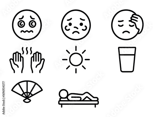 Heat Exhaustion Icons. Outline icon set of Heat exhaustion signs: dizzy face, flushed cheeks, headache,