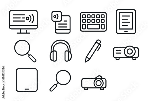 Assistive Tech Icons. Outline icon set of Assistive technology in classrooms: screen reader, speech-to-text