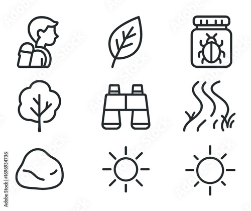 Nature Exploration Icons. Outline icon set of Exploring nature: child with backpack, leaf, bug jar, tree,