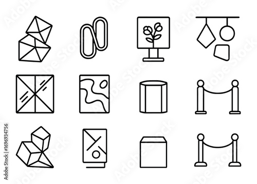 Contemporary Art Icons. Outline icon set of Contemporary art installation: geometric sculpture, neon lights,