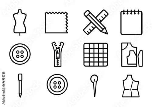Fashion Design Icons. Outline icon set of Fashion design process: dress form, fabric swatch, pencil and ruler,