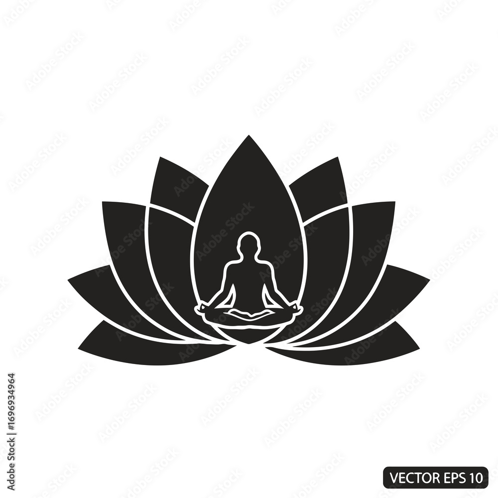 Fototapeta premium Silhouette of a person meditating in a lotus flower isolated on white background