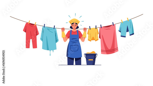 Laundry Day Bliss: A woman in her work outfit hangs washed laundry on a clothesline in a colorful illustration of a chore done. Capture the essence of simple pleasures.