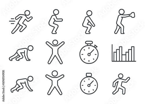HIIT Workout Icons. Outline icon set of HIIT workout: sprint icon, jump squat, burpee figure, kettlebell swing
