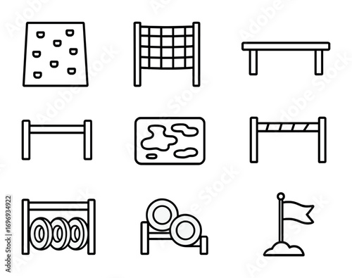 Obstacle Course Icons. Outline icon set of Obstacle course: climbing wall, rope net, balance beam, hurdle jump