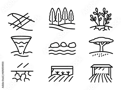 Desertification Prevention Icons. Outline icon set of Desertification prevention: dune stabilization,