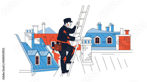 Chimney Sweep Climbing Ladder: A chimney sweep ascends a ladder on a vibrant cityscape of buildings with various colored roofs and chimneys, embodying professionalism.
