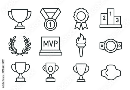 Team Trophy Icons. Outline icon set of Team trophies: gold cup, silver medal, ribbon, podium, laurel wreath,