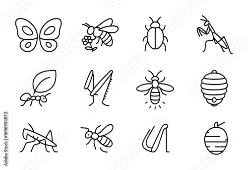 Insect Icon Set. Outline icon set of Insect details: butterfly wings, bee collecting nectar, beetle shell,