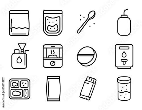 Space Food Icon Set. Outline icon set of space food experiments: dehydrated pack, vacuum-sealed pouch,