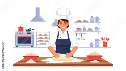 Artisan's Craft: A skilled artisan chef meticulously works on a dough on a wooden surface in a bright kitchen environment, with professional tools and the essence of culinary excellence.