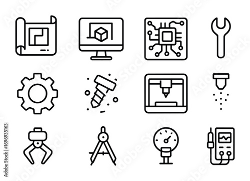 Zero-G Engineering Icons. Outline icon set of engineering in zero-g: blueprint, CAD monitor, circuit board,