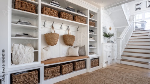 White entryway with storage