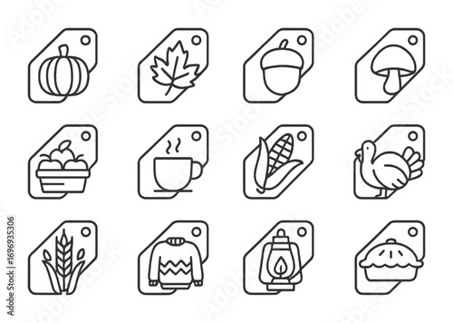 Autumn Sale Icons. Outline icon set of autumn sale tags: pumpkin label, falling leaf, acorn tag, mushroom icon