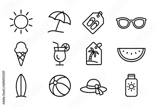 Summer Sale Icons. Outline icon set of summer sale tags: sun icon, beach umbrella, flip-flops tag, sunglasses,