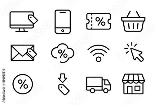 Cyber Monday Icons. Outline icon set of Cyber Monday sale: computer tag, smartphone icon, digital coupon,