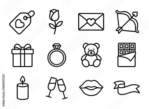 Valentine's Day Icon Set. Outline icon set of Valentine’s Day sale: heart tag, rose flower, love letter, cupid