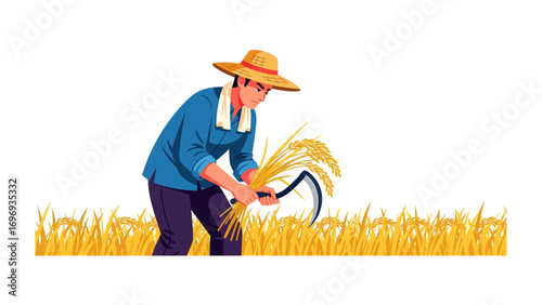 Golden Harvest: An illustration depicts a farmer diligently harvesting ripe wheat, set against the backdrop of a golden field under a bright sky.