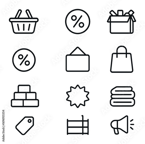 Clearance Icons Grid. Outline icon set of clearance bins: basket, discount sticker, overflowing box,