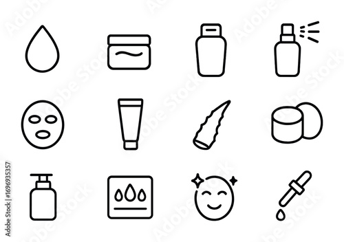 Moisturizing Icon Set. Outline icon set of moisturizing skin: water drop, cream jar, lotion bottle, spray mist