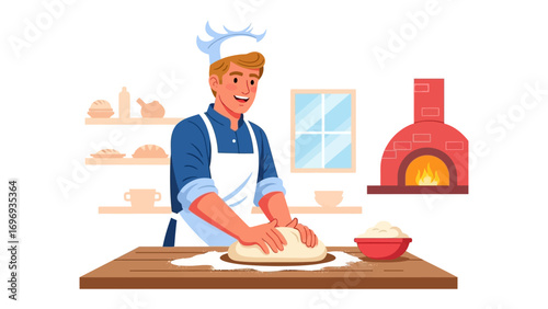 Artisan Baker's Delight: A skilled artisan baker in a traditional uniform kneads dough with expert hands, preparing the ingredients for his delightful creation.