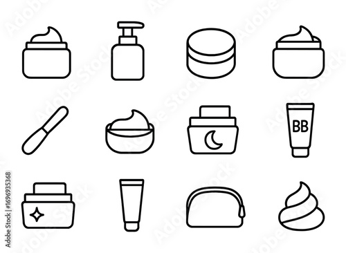 Face Cream Icon Set. Outline icon set of face creams: cream jar, pump bottle, round lid container, open jar,