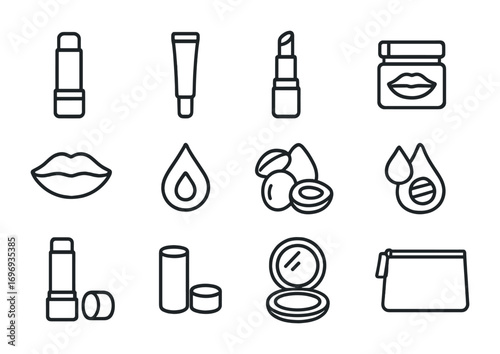 Lip Care Icons. Outline icon set of lip care: lip balm stick, gloss tube, lipstick, lip mask jar, kiss lips,