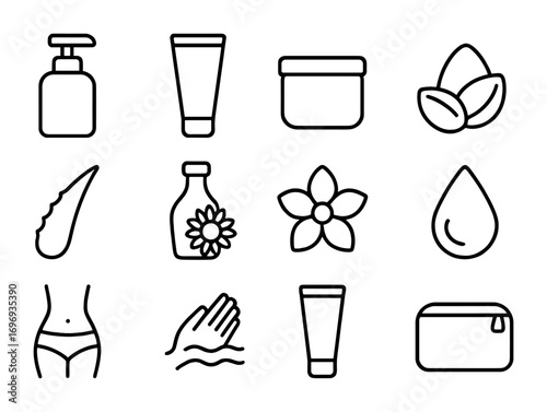 Body Care Icon Set. Outline icon set of body lotions: pump bottle, lotion tube, body cream jar, shea butter