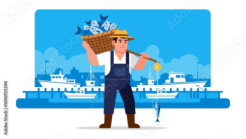 The Fisherman's Bounty: A proud fisherman, with a basket brimming with fresh fish balanced on his shoulder, strolls proudly against the backdrop of the serene seascape.