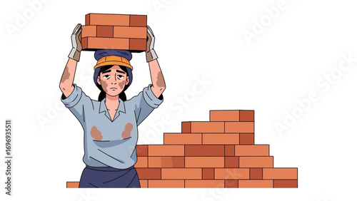 Bricklayer at Work: A dedicated bricklayer, hard at work, carefully balances a stack of red bricks atop their head, showcasing strength and determination in the process of constructing a wall. 