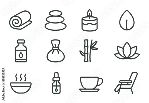 Spa and Wellness Icons. Outline icon set of spa and wellness: towel roll, hot stones, aroma candle, flower