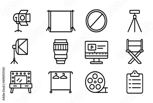 Editorial Studio Icons. Outline icon set of editorial studio setup: spotlight, backdrop stand, reflector,