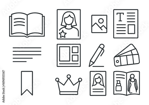 Editorial Icon Set. Outline icon set of editorial magazine design: open magazine, cover star, photo frame,